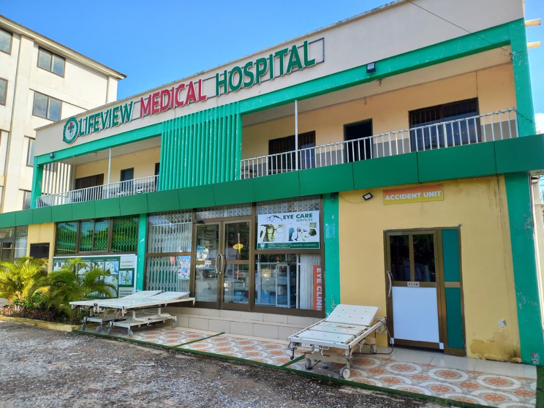 The front of Lifeview Medical Hospital at Roman Ridge, Accra, showing the Accident Unit and Eye Care entrance